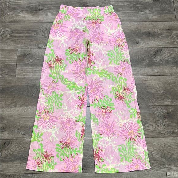 Lilly Pulitzer Mid Rise Wide Leg Pants Pink Green Size Small - Picture 1 of 13